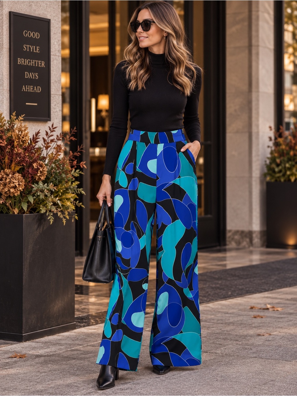 Joseph Ribkoff Abstract Print Wide Leg Pants Size 10 Blue Teal Black Pull On